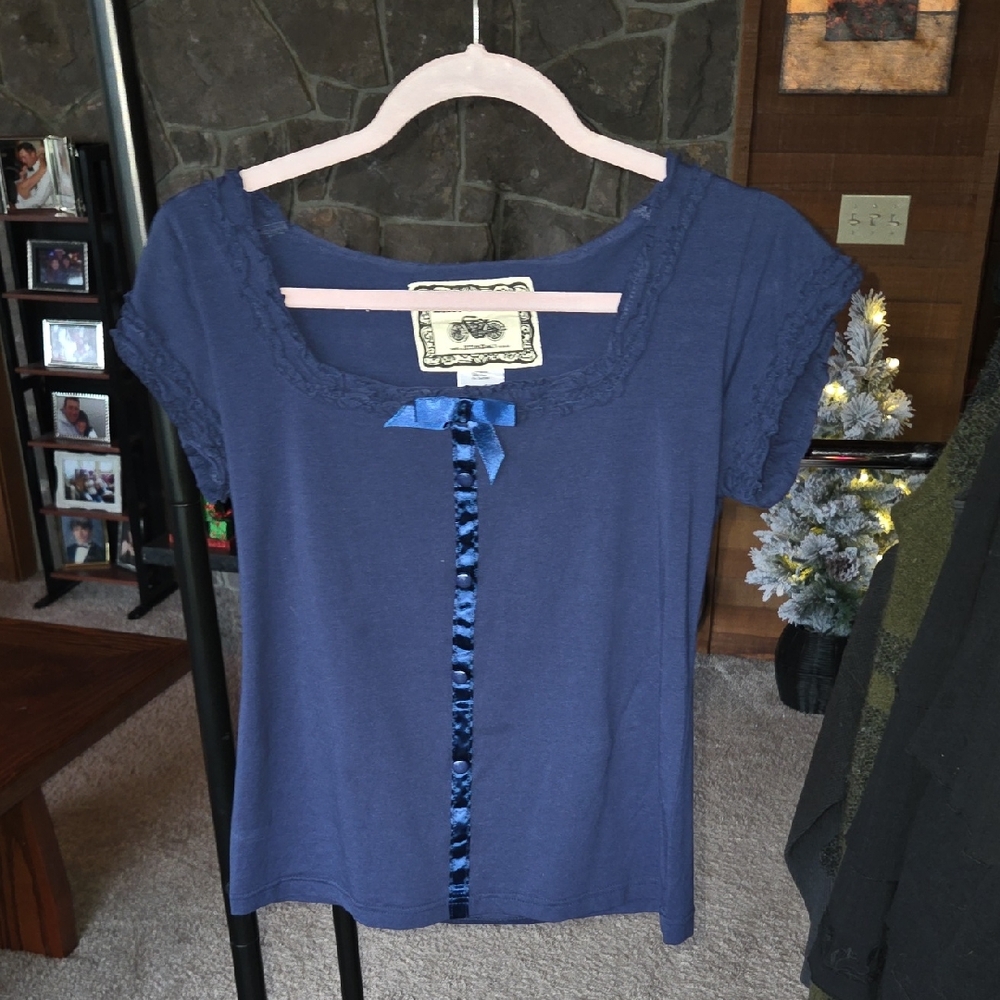 Effie's Heart Navy Blue Short Sleeve Tee with Velvet Ribbon